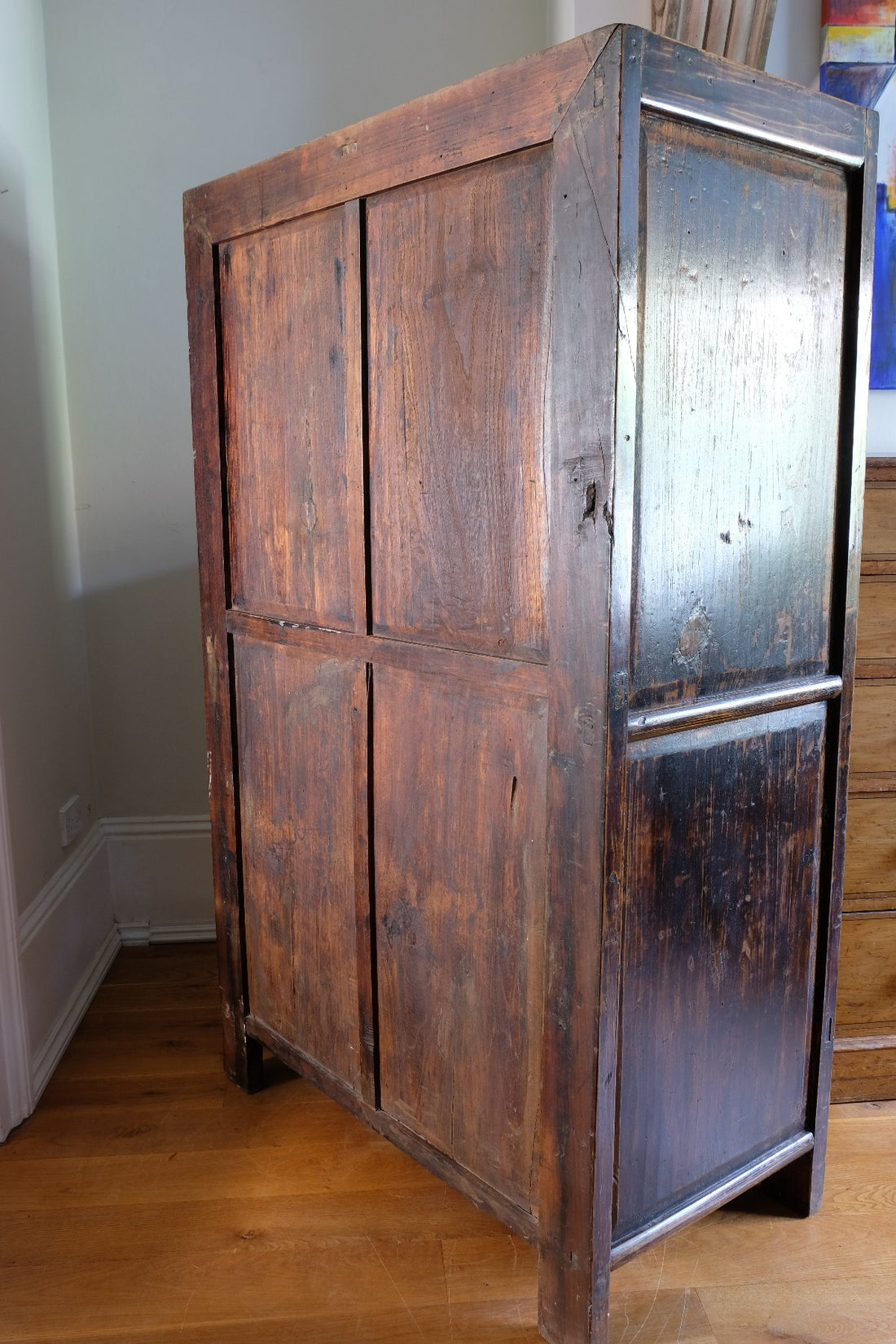 back of Painted Chinese bank of 57 drawers with hand-painted calligraphy