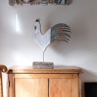 Rustic driftwood and verdigris copper primitive cockerel sculpture