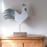Rustic driftwood and verdigris copper primitive cockerel sculpture