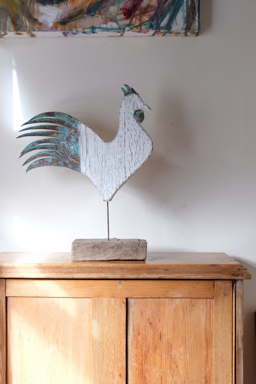 Rustic driftwood and verdigris copper primitive cockerel sculpture