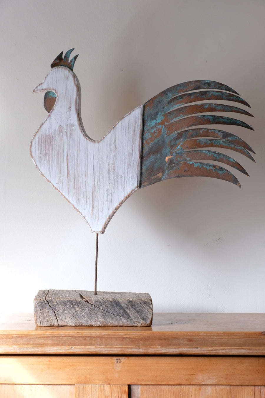 Martin Scorey primitive folk art cockerel sculpture on driftwood