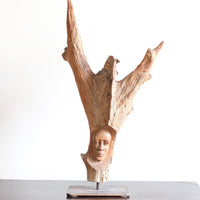 Primitive Carved Driftwood Folk Art Face Sculpture from Beachfound Wood
