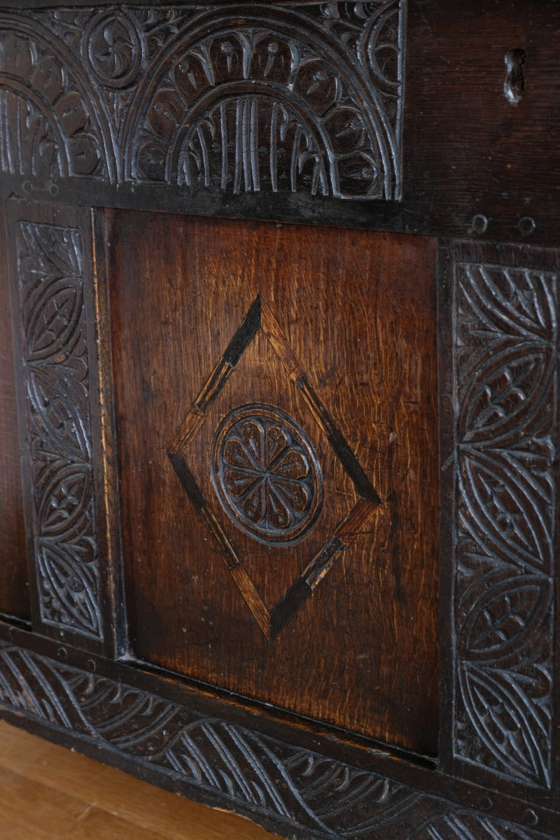 Oak Carved Four Panel Coffer 19th Century