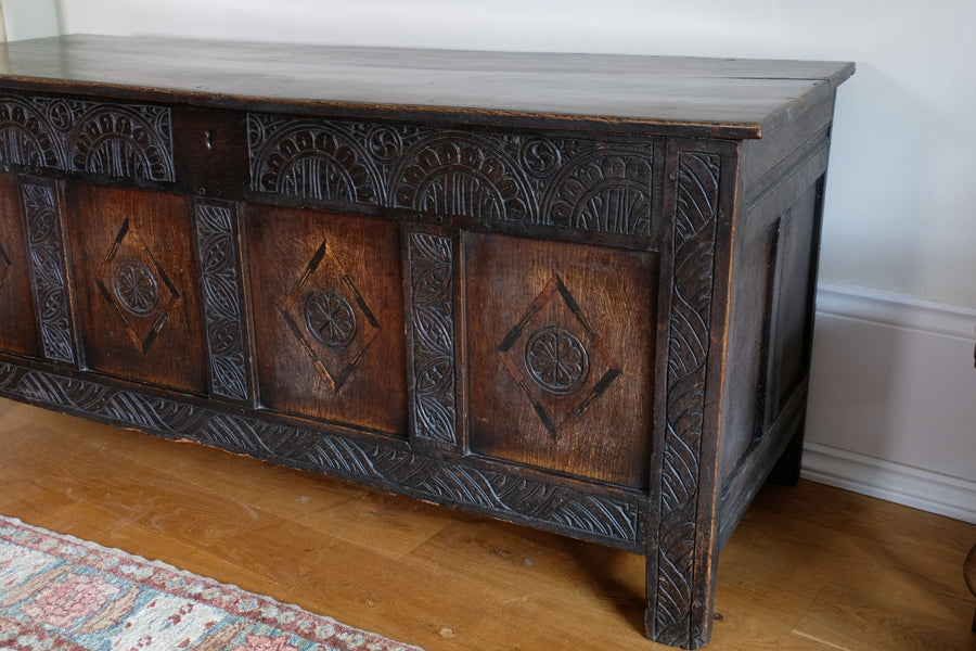 Oak Carved Four Panel Coffer 19th Century