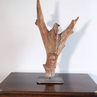 Primitive Carved Driftwood Folk Art Face Sculpture from Beachfound Wood
