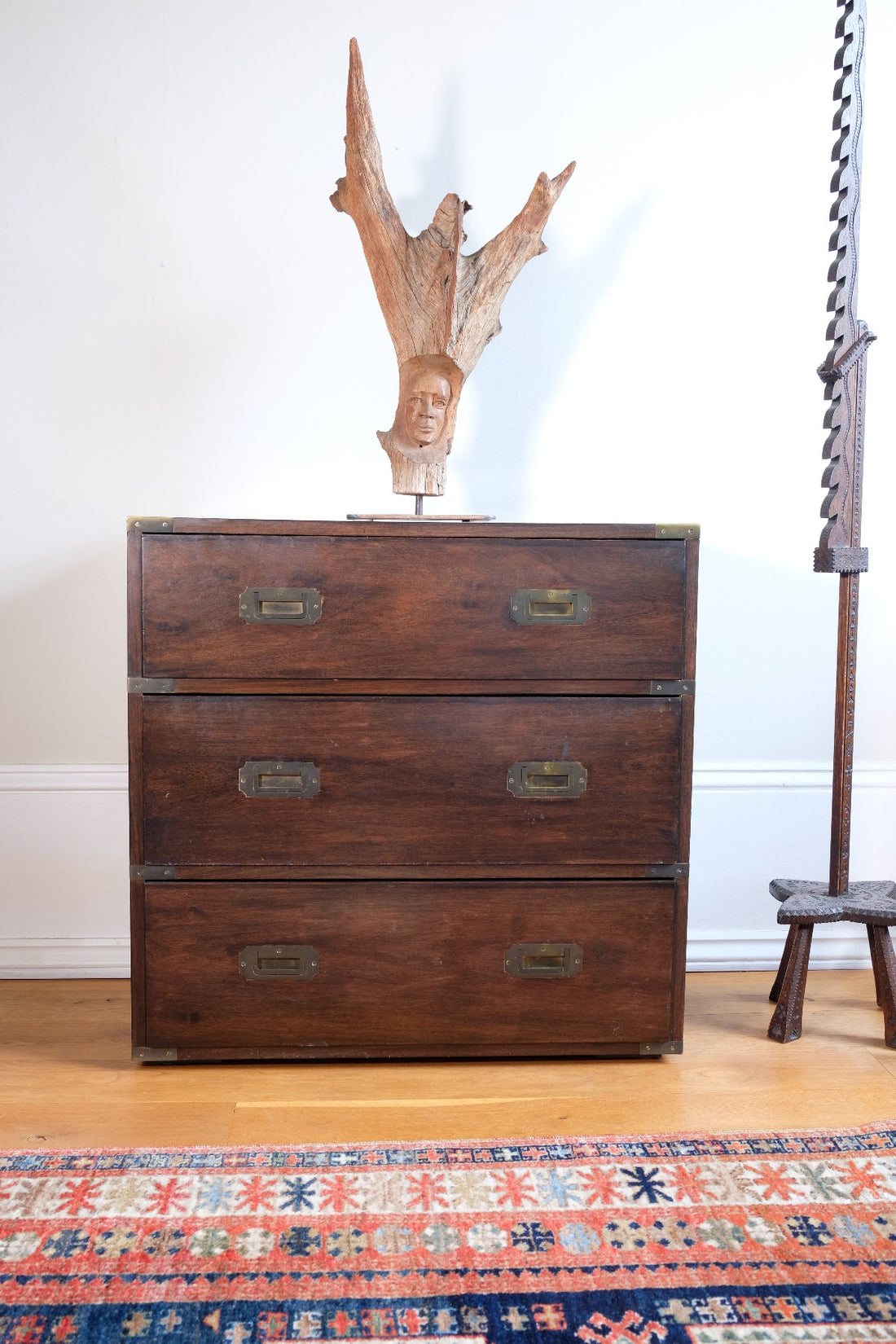 Mid-Century Campaign Style Mahogany Chest with Three Graduated Drawers