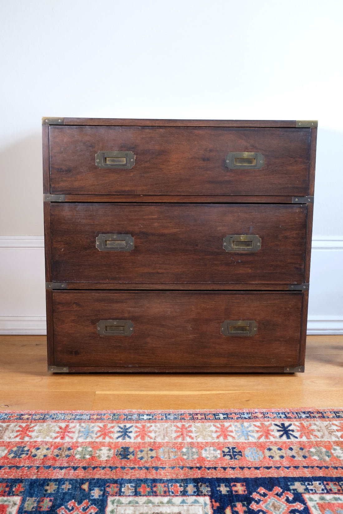Mid-Century Campaign Style Mahogany Chest with Three Graduated Drawers