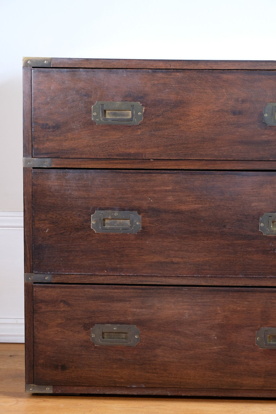 Mid-Century Campaign Style Mahogany Chest with Three Graduated Drawers