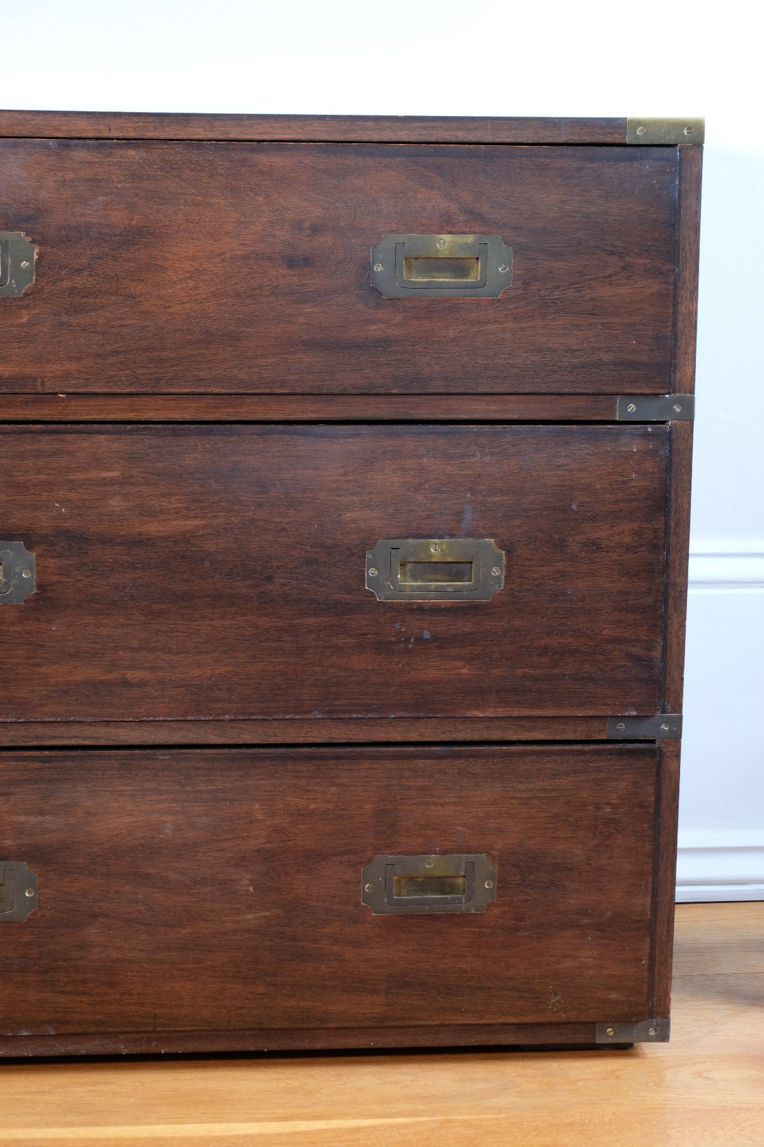 Mid-Century Campaign Style Mahogany Chest with Three Graduated Drawers