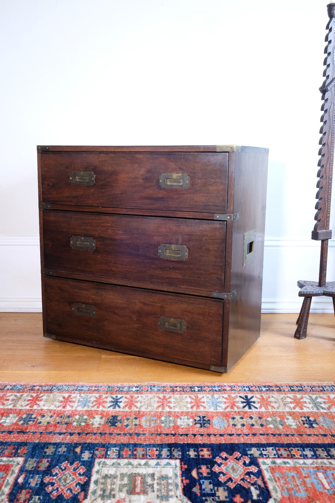 Mid-Century Campaign Style Mahogany Chest with Three Graduated Drawers