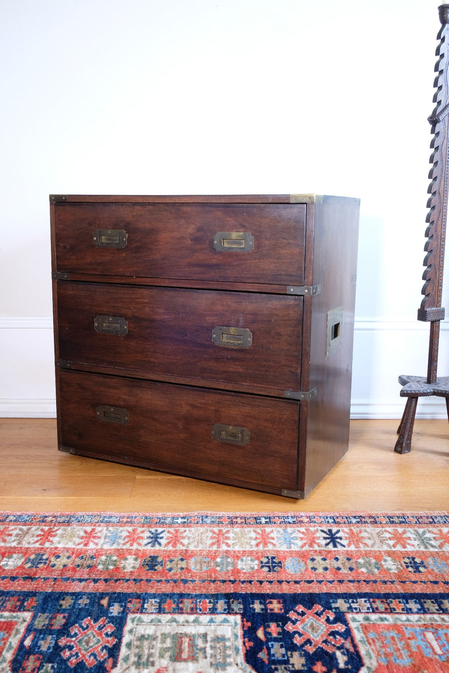 Mid-Century Campaign Style Mahogany Chest with Three Graduated Drawers
