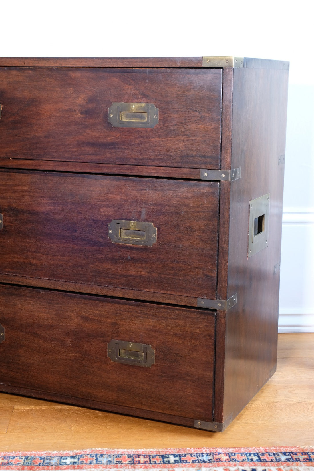 Mid-Century Campaign Style Mahogany Chest with Three Graduated Drawers