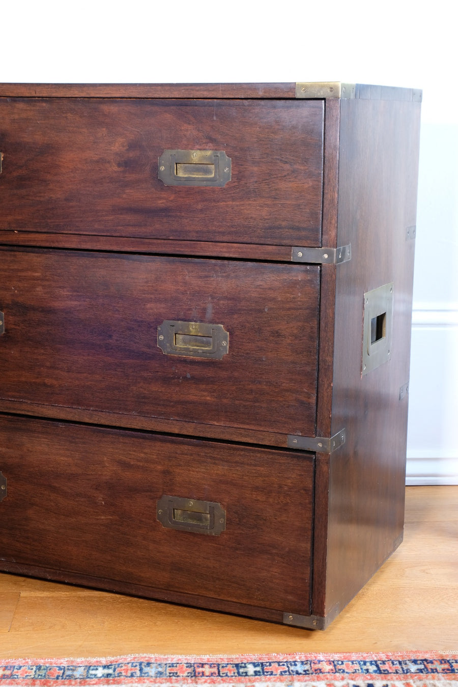 Mid-Century Campaign Style Mahogany Chest with Three Graduated Drawers