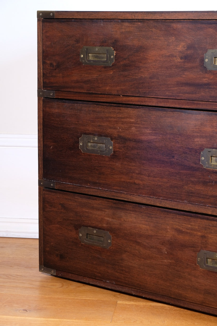 Mid-Century Campaign Style Mahogany Chest with Three Graduated Drawers