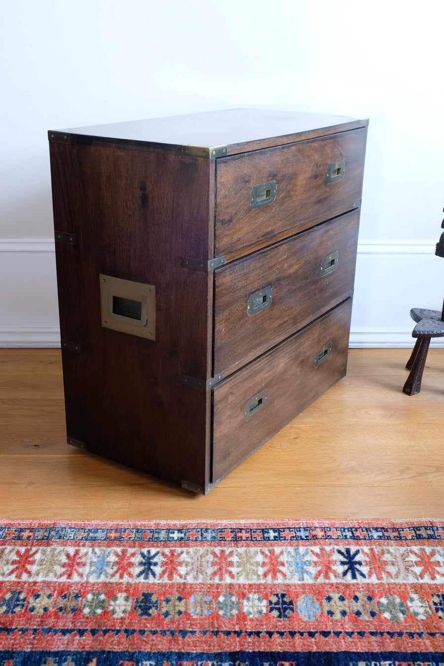 Mid-Century Campaign Style Mahogany Chest with Three Graduated Drawers