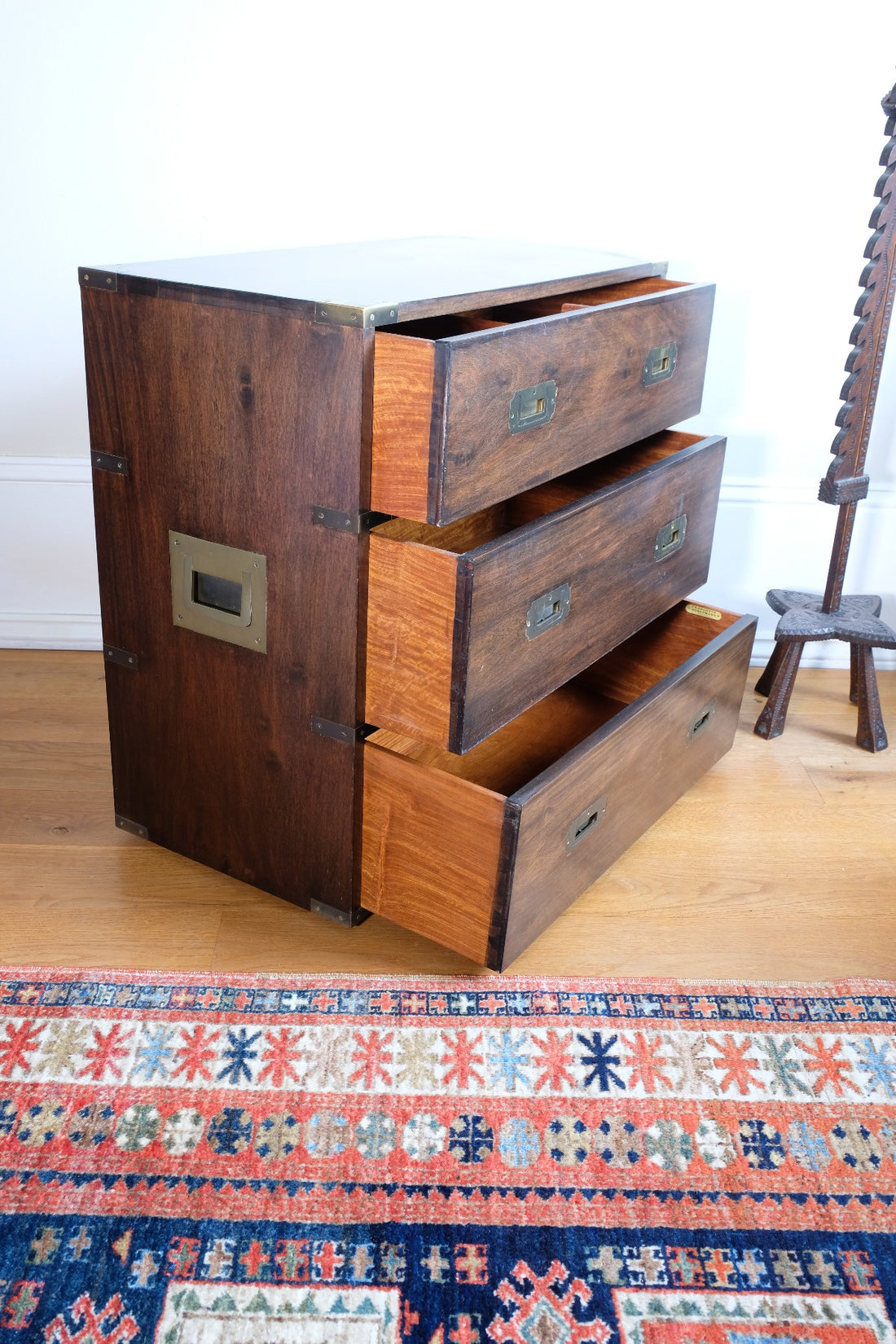 Mid-Century Campaign Style Mahogany Chest with Three Graduated Drawers