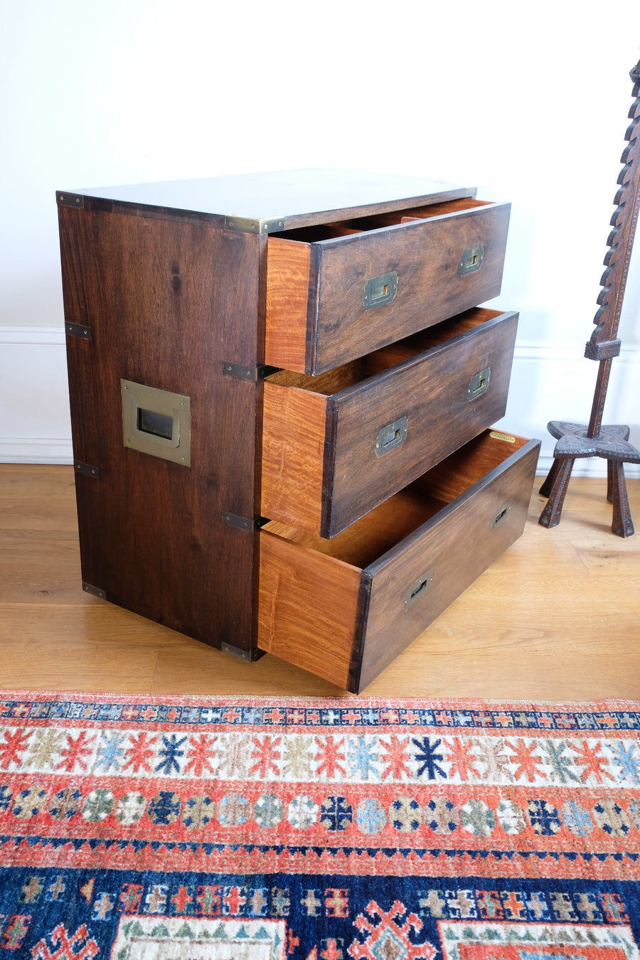 Mid-Century Campaign Style Mahogany Chest with Three Graduated Drawers