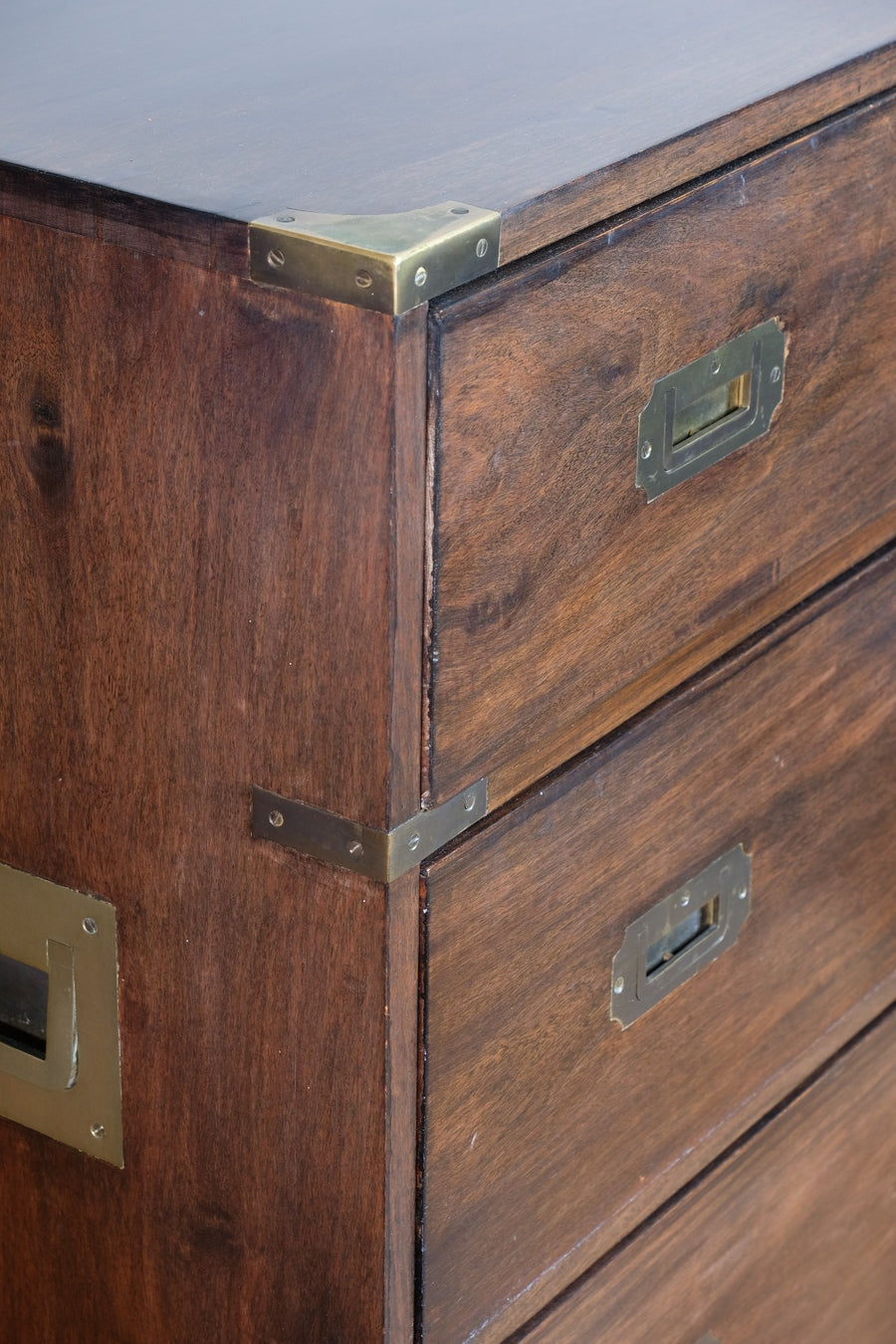 Mid-Century Campaign Style Mahogany Chest with Three Graduated Drawers