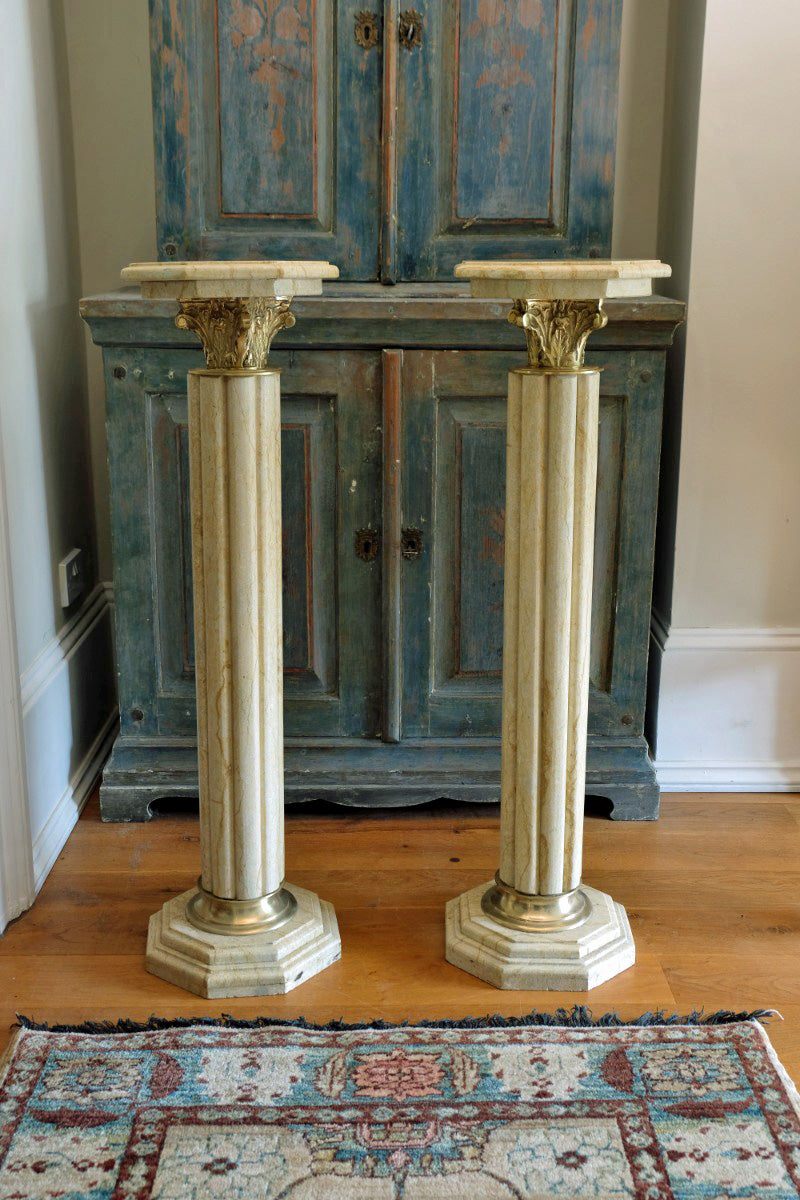 Pair Of Flute Marble Pedestal Stands With Cast Brass Tops 1001847