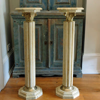 Pair Of Flute Marble Pedestal Stands With Cast Brass Tops 1001847