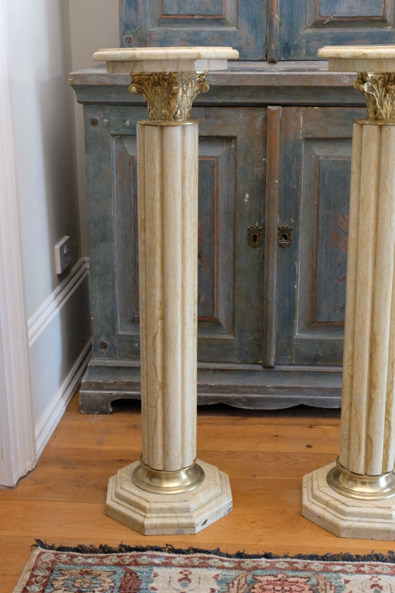 Pair Of Flute Marble Pedestal Stands With Cast Brass Tops 1001847