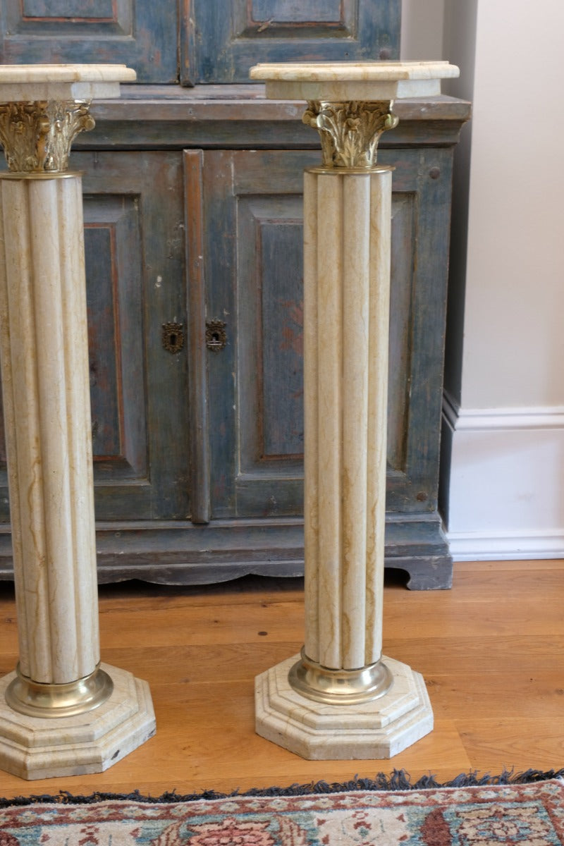 Pair Of Flute Marble Pedestal Stands With Cast Brass Tops 1001847