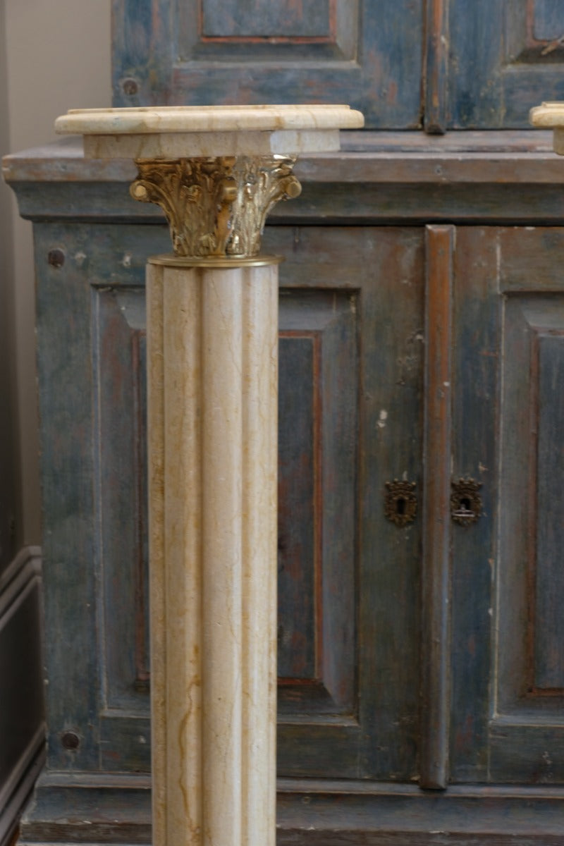 Pair Of Flute Marble Pedestal Stands With Cast Brass Tops 1001847