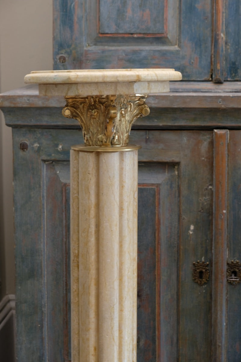 Pair Of Flute Marble Pedestal Stands With Cast Brass Tops 1001847