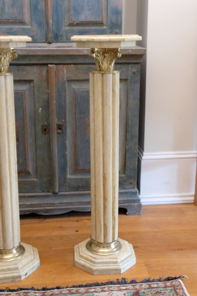 Pair Of Flute Marble Pedestal Stands With Cast Brass Tops 1001847