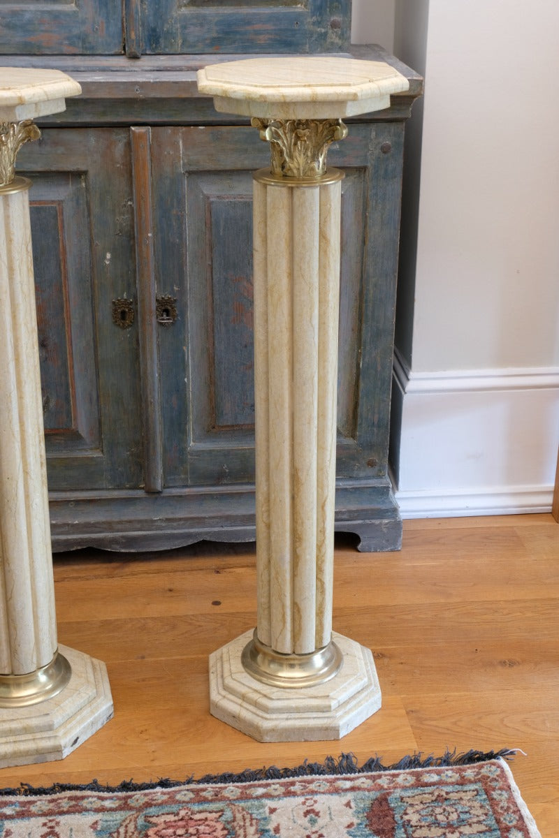 Pair Of Flute Marble Pedestal Stands With Cast Brass Tops 1001847