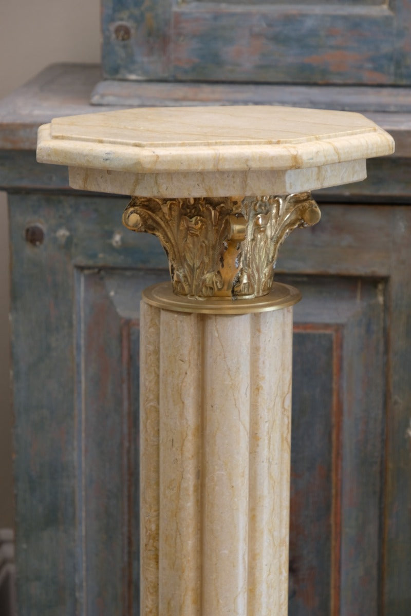 Pair Of Flute Marble Pedestal Stands With Cast Brass Tops 1001847