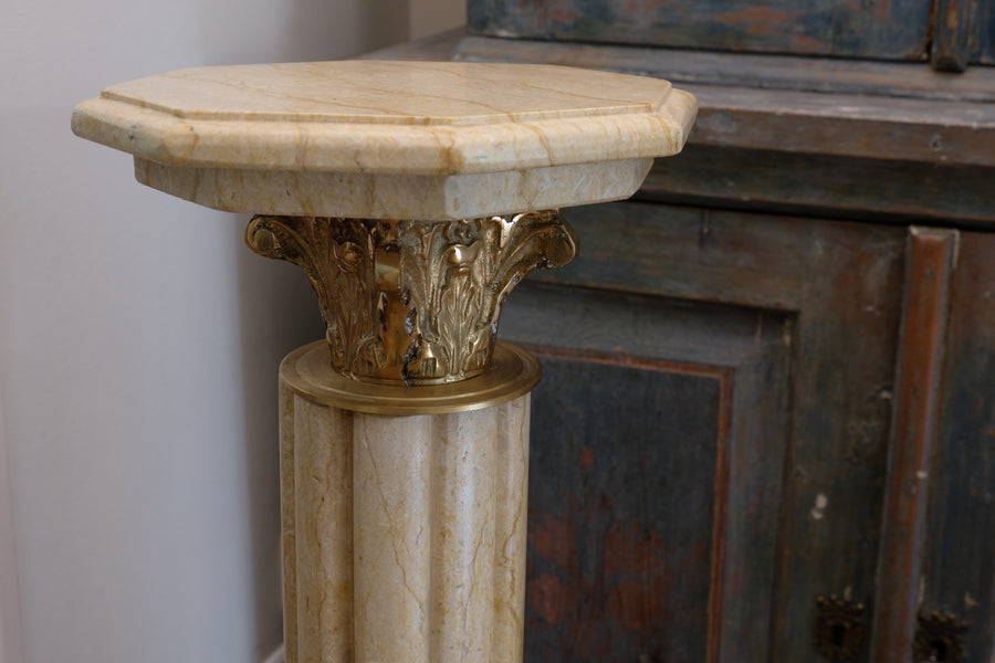 Pair Of Flute Marble Pedestal Stands With Cast Brass Tops 1001847