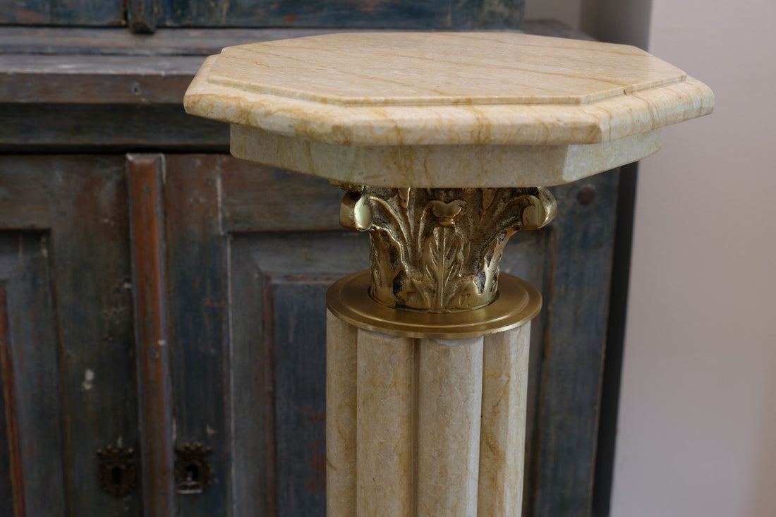 Pair Of Flute Marble Pedestal Stands With Cast Brass Tops 1001847