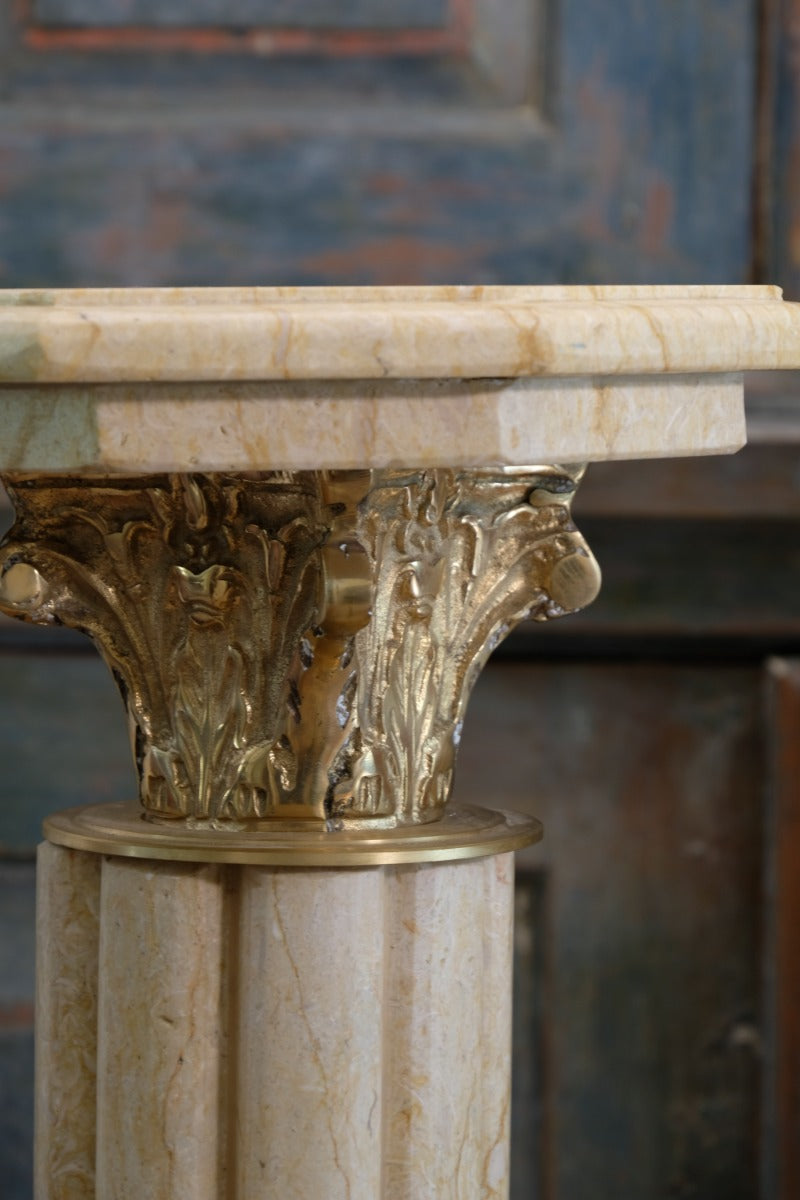 Pair Of Flute Marble Pedestal Stands With Cast Brass Tops 1001847