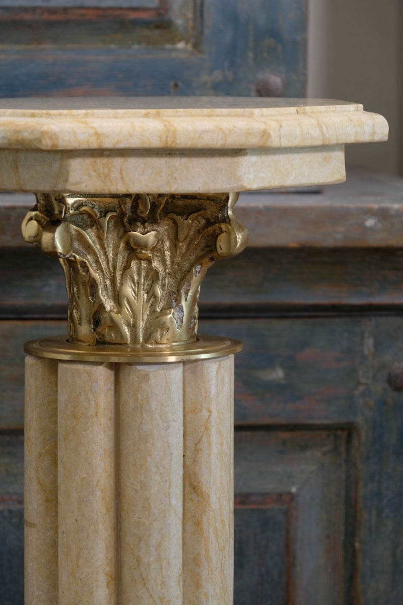 Pair Of Flute Marble Pedestal Stands With Cast Brass Tops 1001847