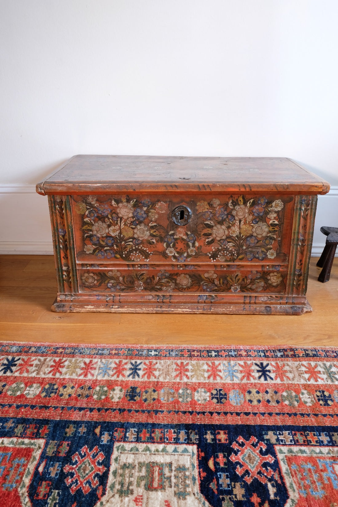 Hand-Painted Folk Art Coffer Chest with Floral Motifs