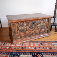 Hand-Painted Folk Art Coffer Chest with Floral Motifs