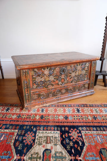 Hand-Painted Folk Art Coffer Chest with Floral Motifs