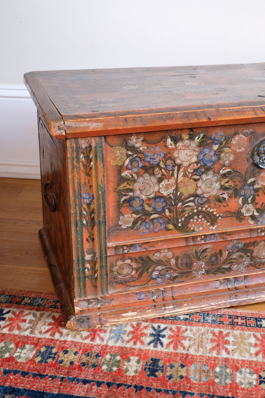 Hand-Painted Folk Art Coffer Chest with Floral Motifs