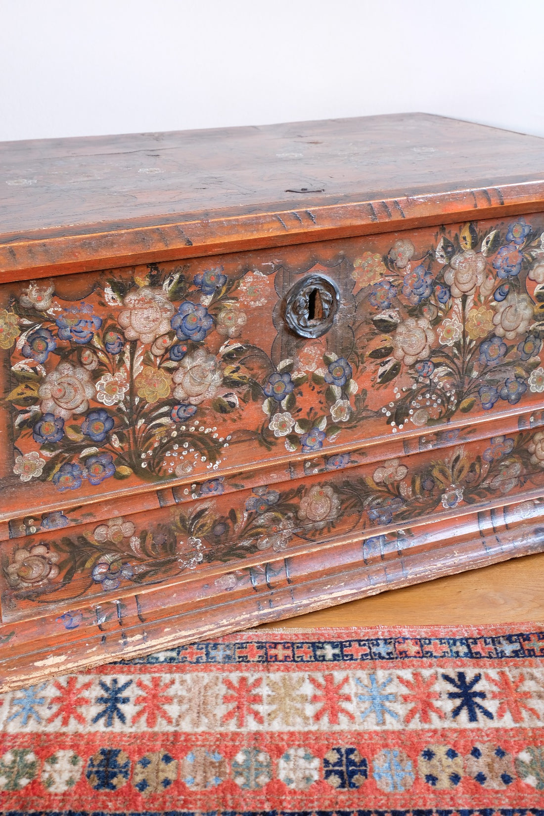 Hand-Painted Folk Art Coffer Chest with Floral Motifs