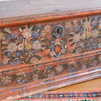 Hand-Painted Folk Art Coffer Chest with Floral Motifs