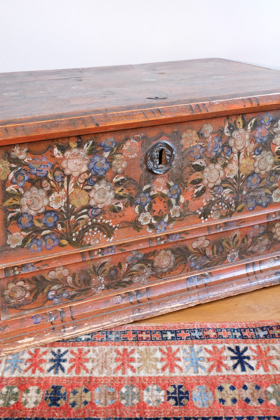 Hand-Painted Folk Art Coffer Chest with Floral Motifs