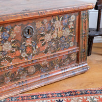 Hand-Painted Folk Art Coffer Chest with Floral Motifs