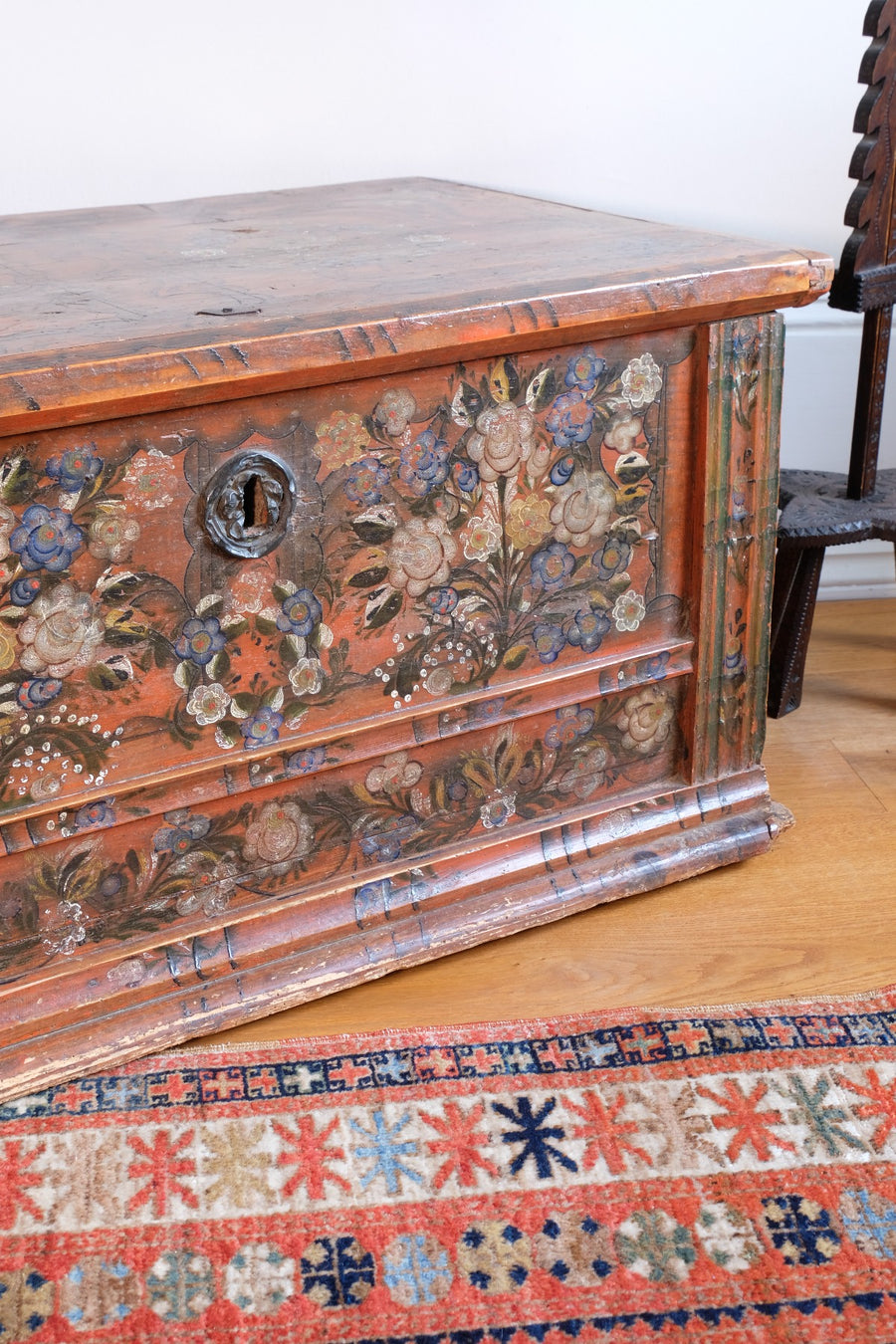 Hand-Painted Folk Art Coffer Chest with Floral Motifs