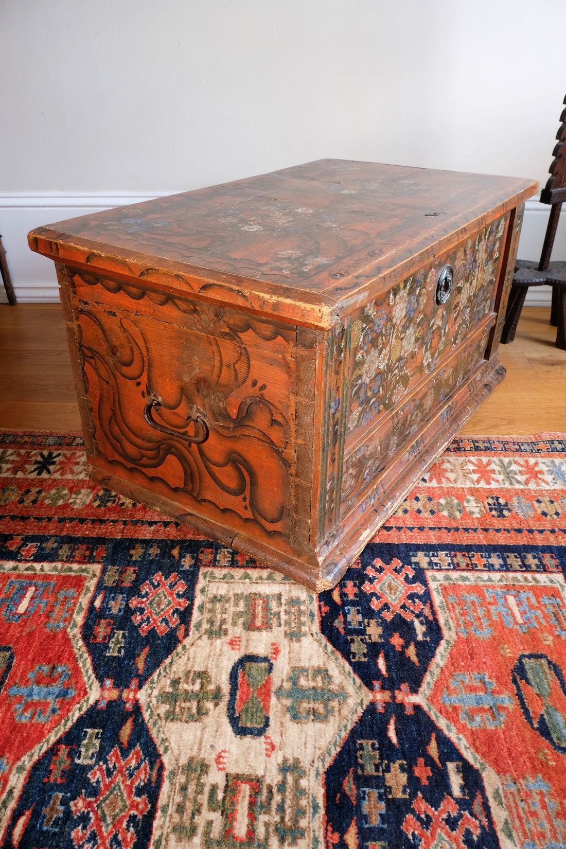 Hand-Painted Folk Art Coffer Chest with Floral Motifs