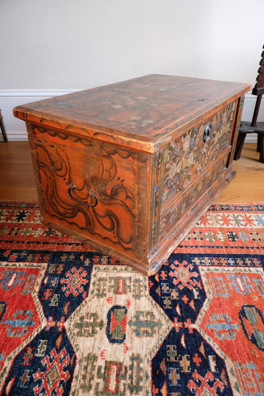 Hand-Painted Folk Art Coffer Chest with Floral Motifs
