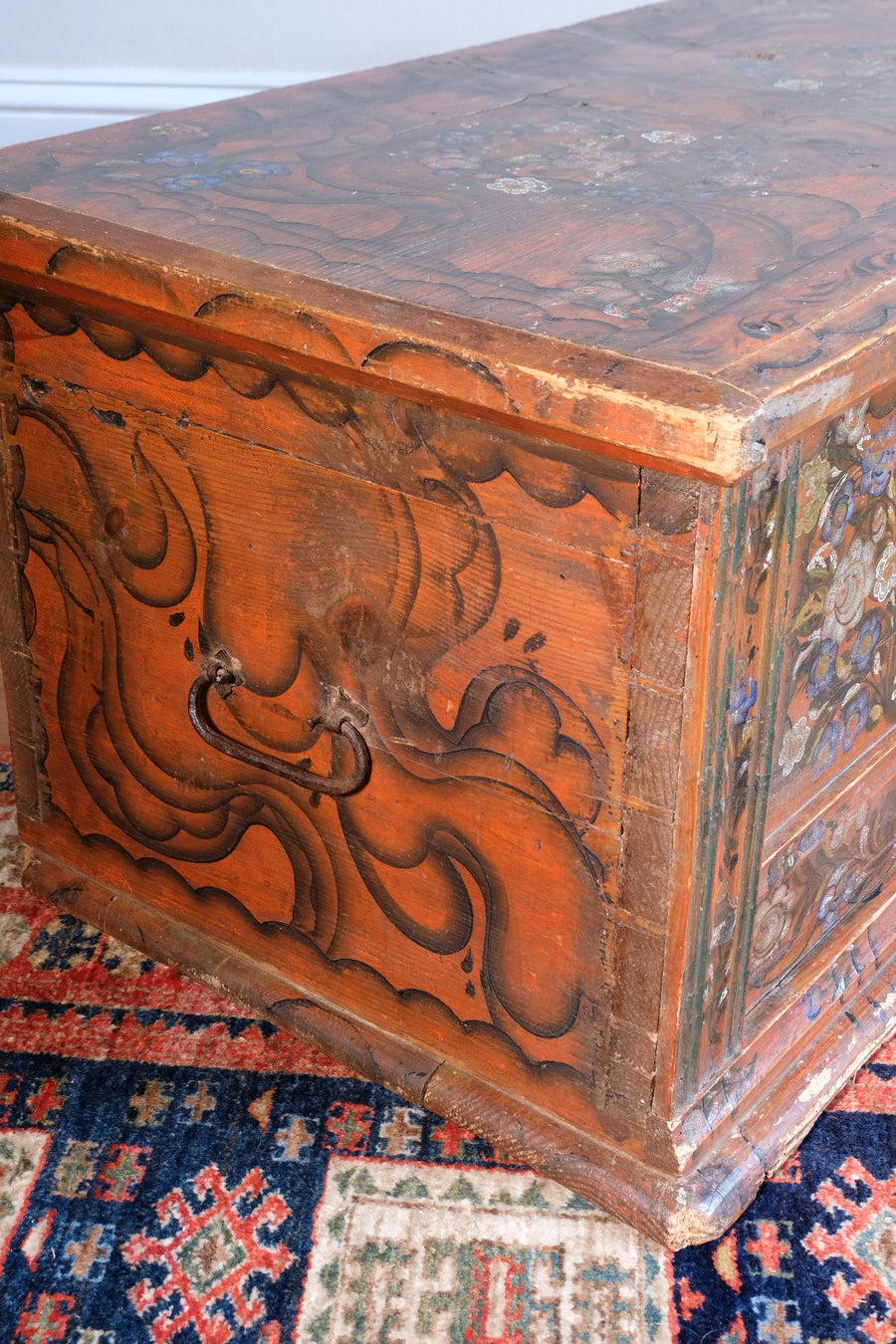 Hand-Painted Folk Art Coffer Chest with Floral Motifs