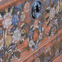 Hand-Painted Folk Art Coffer Chest with Floral Motifs