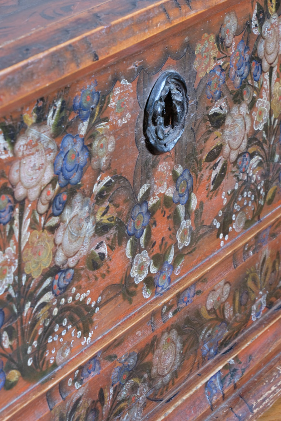 Hand-Painted Folk Art Coffer Chest with Floral Motifs