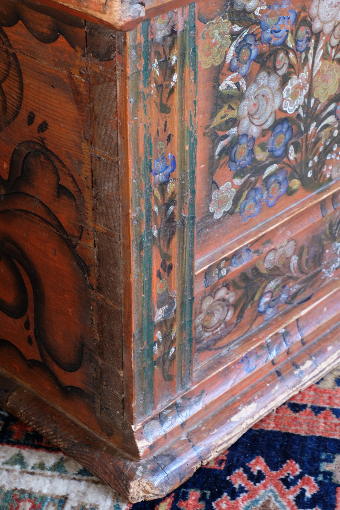 Hand-Painted Folk Art Coffer Chest with Floral Motifs